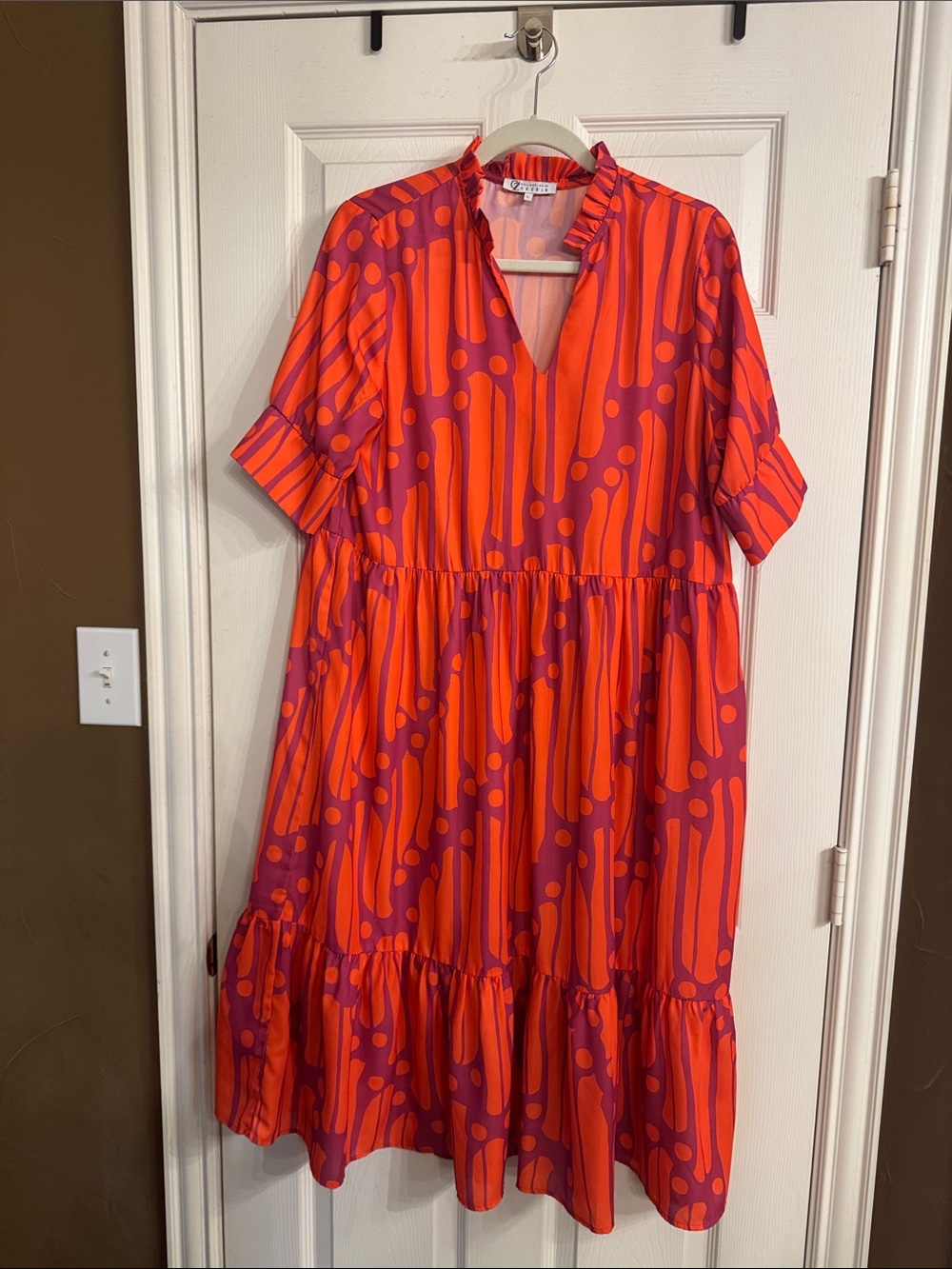 Cezele Orange and Pink Printed Midi Tiered Dress